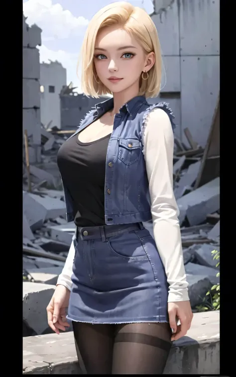 Android 18 da Dragon Ball Z,(best qualityer,4K,8k,high resolution,work of art:1.2)(weather: windy),city ruins background, black shirt, striped sleeves, denim vest, denim skirt, pantyhose, brown boots, belt,short hair,ultra detailed,realisitic,portraite,bea...