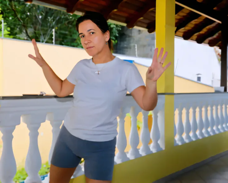 there is a woman standing on a porch with her hands in the air, iction pose, outside, malika favre, confident action pose, in a fighting pose, t pose, authoritative pose, forced perspective, doing a sassy pose, expressive pose, arms extended, shrugging arm...