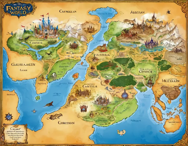 Create a map of the fantasy world. with 6 continents