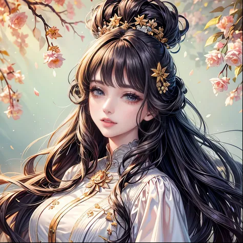 (Best Quality,8k,CG),Upper body details,,Floral forest background,Complex facial features,Elegant long curly hair,Large almond-shaped eyes,Detailed eye makeup,Long eyelashes,Twinkling Star,Stunning lip details,Soft and harmonious style.