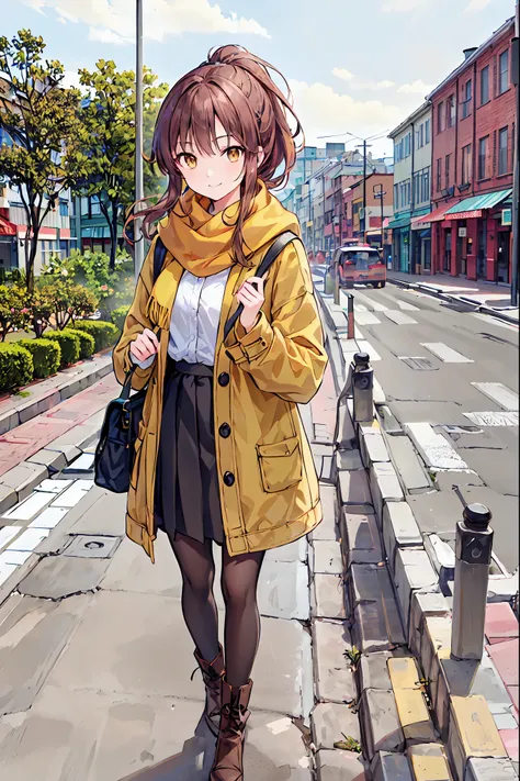 Irohaisshiki, Iroha Isshiki, Long Hair, Short braided hair,ponytail,Brown Hair, (Brown eyes:1.5), smile,Yellow scarf,Pink long coat,white sweater,Long black skirt,Black pantyhose,Short boots,morning日,morning,Campus Life,On the way to school in winter,Cold ...