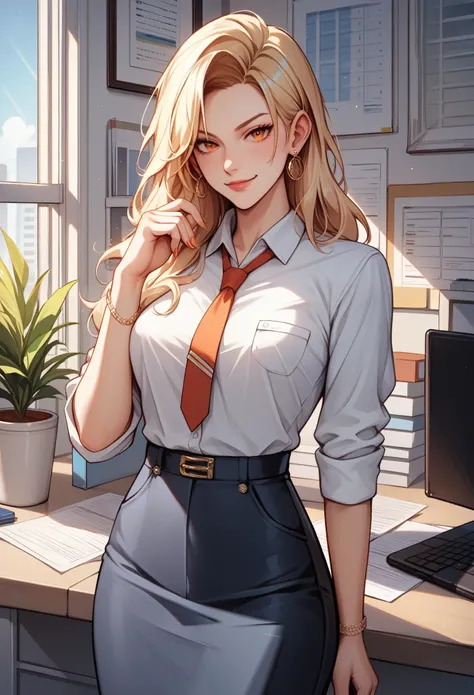 score_9, score_8_up, score_7_up, score_6_up, source_anime, masterpiece, best quality, blonde office girl with orange eyes, cheeky smirk, standing, looking at viewer, office with workspace cabins 