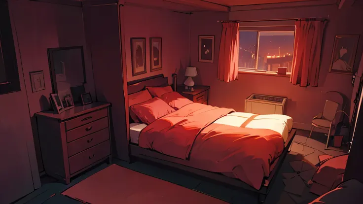 a dark sexy cartoonish bedroom with a little light coming inside. dark reddish  themed.   view from midddle. night time.  only the bedroom and there is no human in the room
