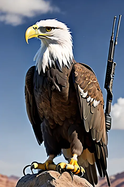 Scout Eagle: "An eagle standing, with a headset and binoculars, holding a sniper rifle, observing from a high point."