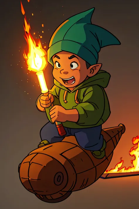 An hooded gnome riding a toy dinosaur spitting fire, cartoon style, neutral background 