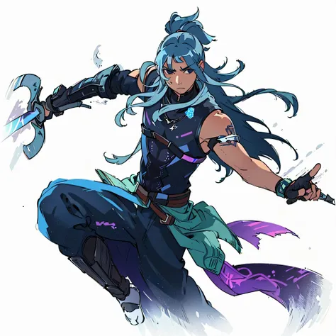 young man, long blue hair, blade in his hand, looking at viewer