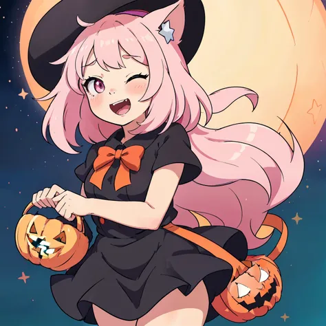 Create an anime-style image featuring a cheerful female character with long, straight pastel pink hair, with bangs gently falling over her forehead. The character has a happy and excited expression, with blushing cheeks and an open mouth showing sharp fang...