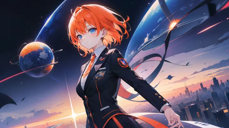 A woman in a stylish suit from the future、main character、Very cute、cool、Clear eyes、Orange Hair、Confident、smile、Warping between stars in space、Scattering energy particles、Sci-fi fantasy anime、A scene from a movie、Very attractive anime characters、Best Qualit...