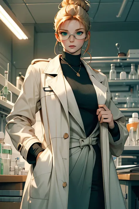 Best Quality, masterpiece, High sensitivity, High resolution, Detailed Description, Delicate facial depiction, Slender women, a pretty woman, hair in a messy bun, ginger hair, form-fitting suit, white lab coat, goggles resting on head, green eyes, in a lab...