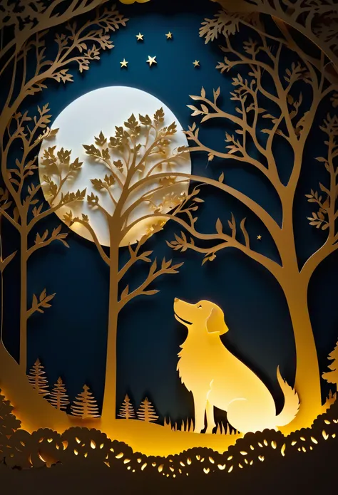 （（（tmasterpiece））），best qualtiy，illustratio，beautiful detail glow， paper_cut， doggy， The tree， themoon，