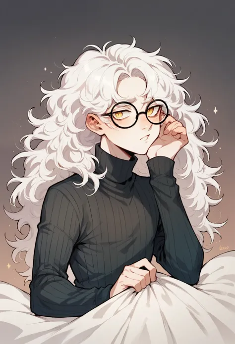 solo, male, white hair, frizzy hair, pale skin, yellow eyes, lean body, femboy, long hair, in bed, glasses, turtleneck sweater,
