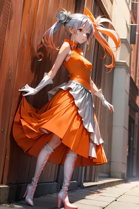 Best Quality,Highest Resolution,(((Orange one piece dress　Orange long skirt　Silver Boots　White opera gloves　Pink Hair))) Metal Max 2 Reloaded　Long twin tails　Red Eye　slender　18 years old　cute