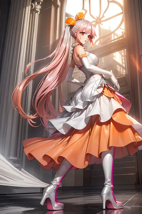 Best Quality,Highest Resolution,(((Orange shiny one piece dress　Long skirt　Silver Boots　White opera gloves　Pink Hair))) Metal Max 2 Reloaded　Long twin tails　Red Eye　slender　18 years old　cute