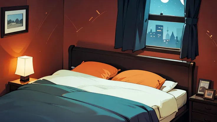 a dark sexy cartoonish bedroom with close up king sized bed with a little light coming inside. dark blue orange  themed.   angle from middle of frame. night time.  only the bedroom and there is no human in the room
