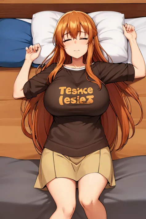 Huge , Busty, best quality, (masterpiece:1.2), highly detailed, brown t-shirt, hands up, 1girl,  kotegawa ka, (((sleeping, sleep))), closed eyes, (((lying arround bed))), bedroom, bed, pillow, light smile, brown eyes, long hair, indoor, room, close up, sho...