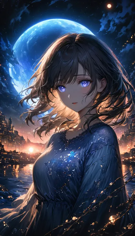 A beautiful anime-style scene of a young woman standing under the glowing full moon, which fills the night sky with soft, ethereal light. She has long, flowing dark hair with hints of brown and golden tones, gently swaying in the breeze. Her calm, serene e...