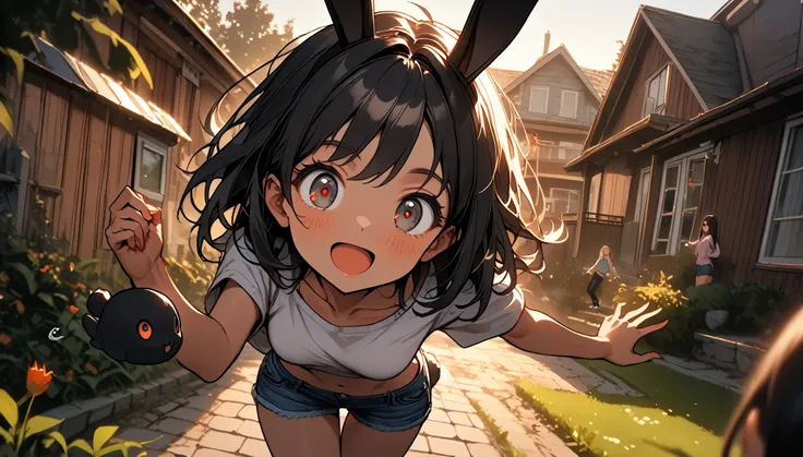 3girls, huge floppy rabbit ears, black rabbit ears, black rabbit tail, very dark-skinned, black hair, big ass:0.3, medium breasts, talking, comfy, large home, suburb, teenager, casual clothes, playing, garden, close up, pov, fish-eye lens, jumping towards ...