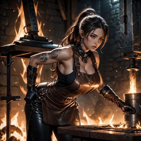 Style: "Prehistoric fantasy setting with a focus on authentic primitive clothing and accessories, reflecting the materials and craftsmanship of early human cultures bronze age. (Mycenaean civilization)" 
1girl Klymene, The ((((blacksmith)))) is a beautiful...