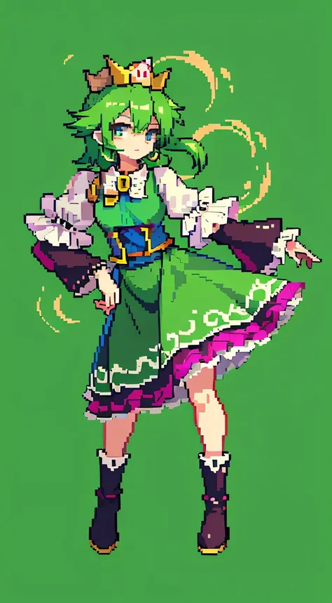 a cartoon picture of a woman in a green dress and boots, touhou character, full body portrait of a short!, from touhou, dressed in a frilly ((ragged)),  in dress, full body!, outfit design, full body with costume, fantasy outfit, full body concept, full bo...