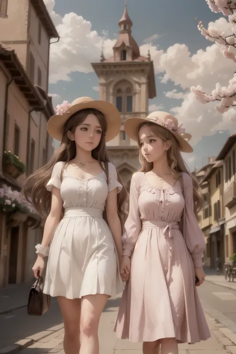 city ​​of Padua, houses with Italian Renaissance architecture, dramatic lighting, pink blossom trees, anime scenery, Ghibli, clouds in the sky, two girls with white dress and hat decorated with a pink flower, full length,
