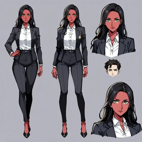 {4k image}, 1 beautiful woman, black long hair, green eyes, long legs,red skin, black jacket suit, white shirt, smiled,sketch, c...