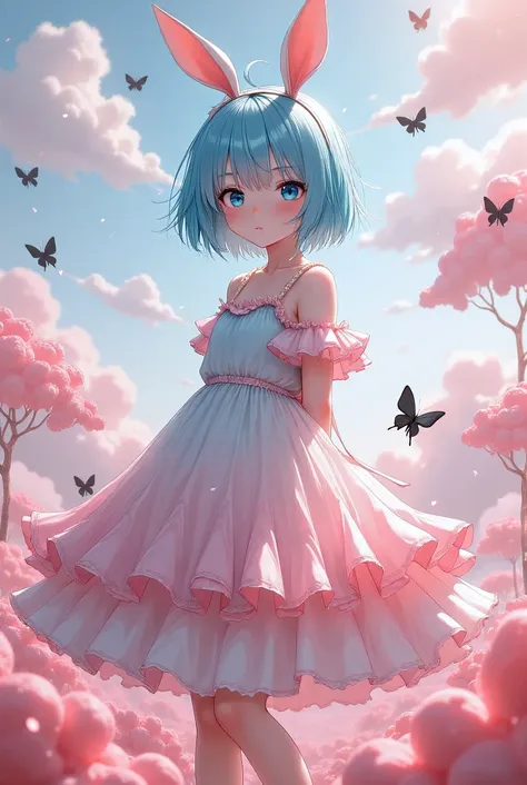 a girl, tiffany blue hair, tiffany blue hair, short hair, (with metal rabbit ear headband: 1.2), full bodyesbian, (exquisite fea...