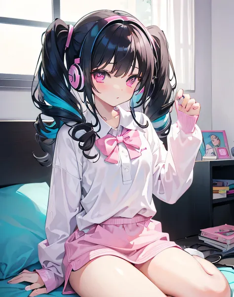 1girl,half-white,half-black-curly-hair,pigtail-hair,pink-kitty-headphones,sitting,bed,gaming-room,oversized-cyan-longsleeve-shirt,white-high-thighs-with-bowtie