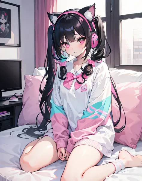 1girl,half-white,half-black-curly-hair,pigtail-hair,pink-kitty-headphones,sitting,bed,gaming-room,oversized-cyan-longsleeve-shirt,white-high-thighs-with-bowtie