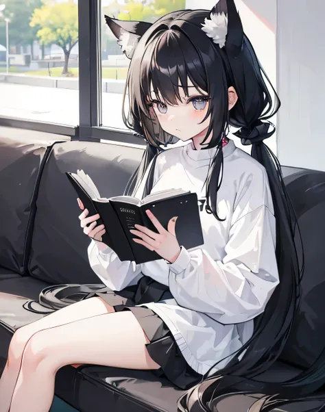 1girl,black & white-curly-hair,pigtail-hair,cat-ears,sitting,park,reading a book,oversized long sleeve shirt,black-high-thighs