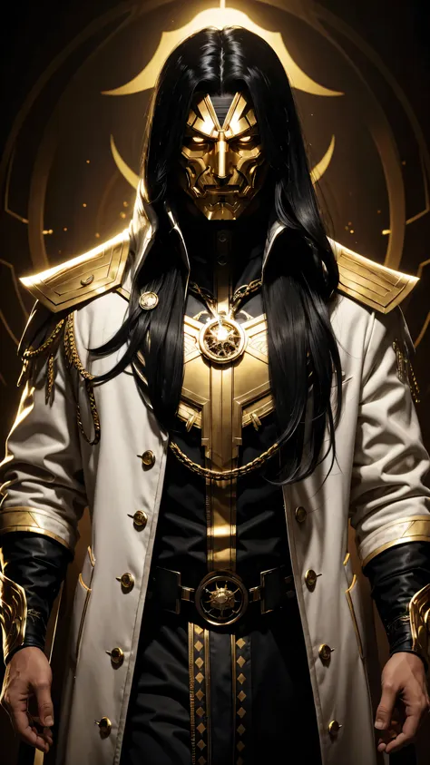 a man with long black hair wearing a golden mask wearing a white scientist's coat with gold details from the mysterious 8k super...