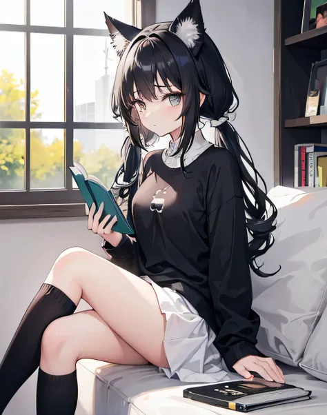 1girl,black & white-curly-hair,pigtail-hair,cat-ears,sitting,park,reading a book,oversized long sleeve shirt,black high-knee socks