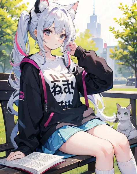 1girl,rainbow & white-curly-hair,pigtail-hair,cat-ears,sitting,park,reading a book,oversized long sleeve shirt,black high-knee socks