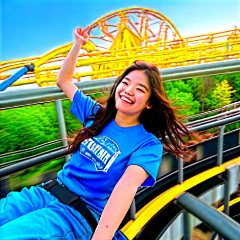 A beautiful South Korean girl with long, wavy brown hair flying wildly in the wind, riding a roller coaster mid-descent on a steep drop. Her arms are raised high, gripping the safety bar. She has a wide, exhilarated smile and eyes wide with excitement. She...