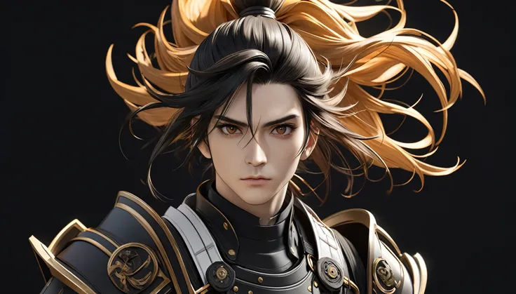 Best Quality, 8k, Physically Based Rendering, Digital Art, Octane Rendering, (Golden Ratio), (Photo Realistic: 0.5), Cool Samurai Men, Detailed eyes and face, Brown eyes, Long chestnut colored ponytail, (Simple black background:1.8), cowboy shot, (Composit...