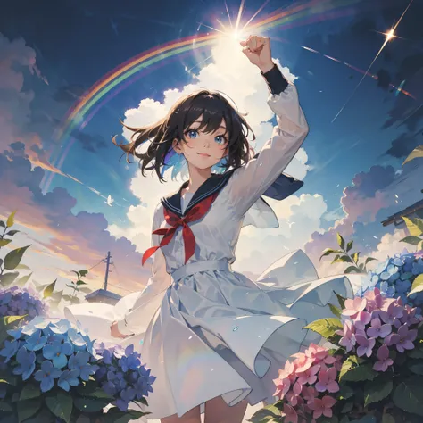 The best quality,masterpiece,Watercolor style,girl,rubio,Blue eyes,white dress,Red Ribbon Hydrangea,after the rain,rainbow,Looking up at the sky,smile,The light spreads,white dress,Sailor collar,long sleeve,Dark blue on the cuff,Line on the fist,,Shortcuts...