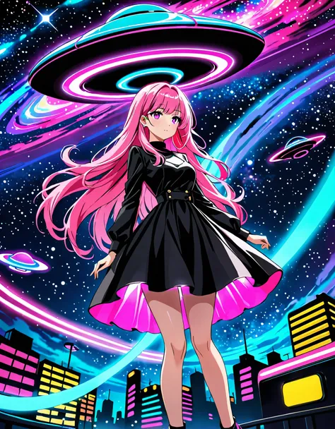 Long pink hair woman, night, neon, flying saucer, abduction, galaxy background, neon lights, black clothes with led, 4k  