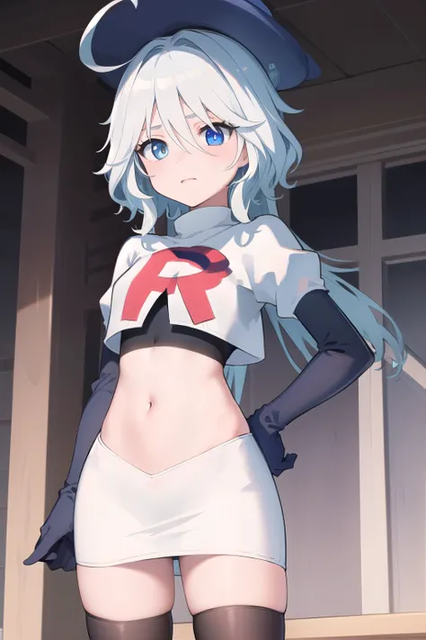 ((masterpiece,best quality)), 1girl, furina, heterochromia, blue hat, ahoge, team rocket,team rocket uniform,white skirt,red letter R,crop top,black thigh-highs,black elbow gloves, cowboy shot,