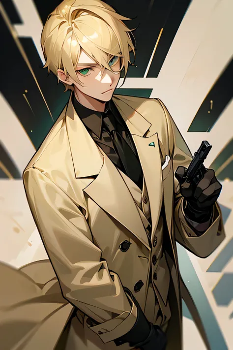 Blond man with groomed hair and green eyes in a formal suit and a beige raincoat, with black gloves and a gun in his hand