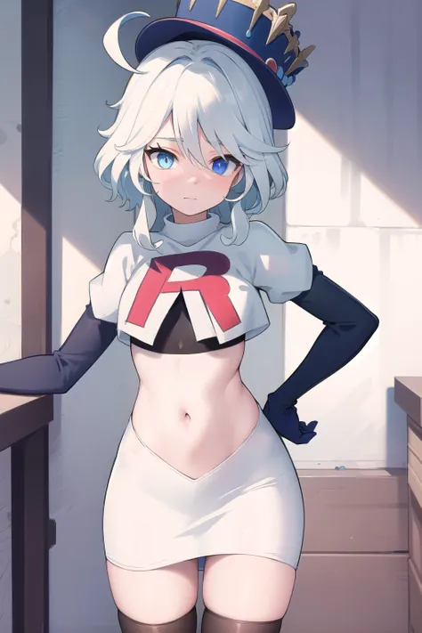((masterpiece,best quality)), 1girl, furina, heterochromia, blue hat, ahoge, team rocket,team rocket uniform,white skirt,red letter R,crop top,black thigh-highs,black elbow gloves, cowboy shot,