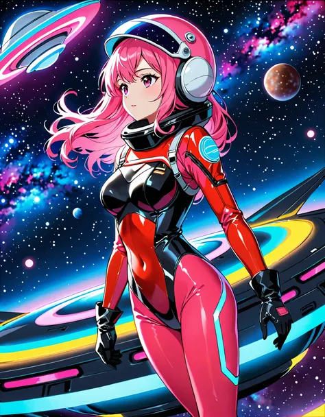 Long pink hair woman, night, neon, flying saucer, galaxy background, neon lights, (red bodysuit, black leotard, black gloves, black boots, bare legs), looking away, spacesuit, carrying helmet, 4k