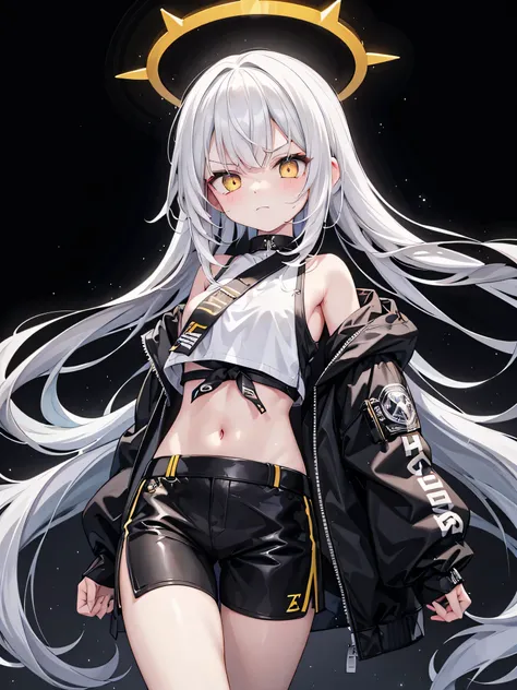 1girl, long white hair, yellow eyes, wearing white crop top, sports black shorts, night city, frowning, black bomber jacket, absurdres, high res, ultrasharp, 8K, masterpiece, looking at viewer