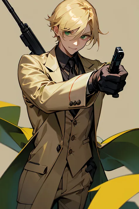 Blond man with groomed hair and green eyes in a formal suit and a beige raincoat, with black gloves, pointing a gun at the viewer, with a little smile