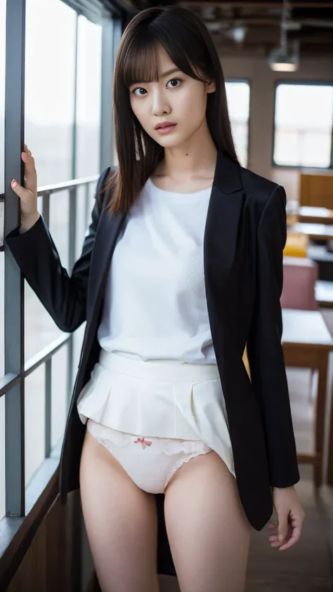 (((skirt lift、)))Idol woman wearing a skirt suit, She is the most beautiful actress in the world., Her detailed face, The perfect balance of her body, He is wearing a T-shirt on his upper body、Wearing a tight blazer pantsuit。., Perfect shape of covered bre...