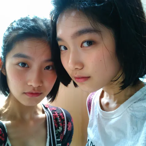 1. "Twin sisters with short hair taking a selfie in a professional studio with a white background, ultra-detailed faces, photorealistic lighting, skin texture, and subtle facial expressions, 8k RAW photo."