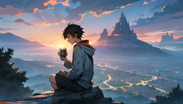 draw a viral anime art style, makoto shinkai anime art, ultra-wide shot, 32k,showcase a man holding a cup of coffee in a grey ho...