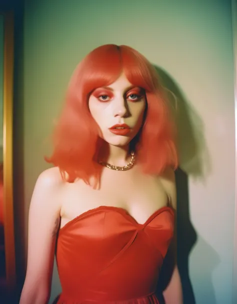 Lady Gaga Marianna Rothen Style - Petra Collins, Andy Warhol photography, cinematography, confident, Mikael Jansson photography, tilted frame, vogue editorial, long shot, wide shot, portrait photography holga aesthetic faded expired film red dress red dyed...