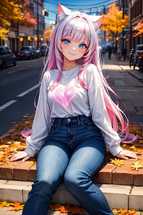 High Resolution, Perfect Human Structure, Focus on Background, Neon Color, Looking Up, Iridescent Hair, Shiny Hair, Cat Ear, Smiling Heart Shaped Eyes, Side Bangs, Shiny Hair, Top Tooth, Wink, Gradient Eyes, White Trainers, Autumn, Long Sleeves, Jeans, Cit...