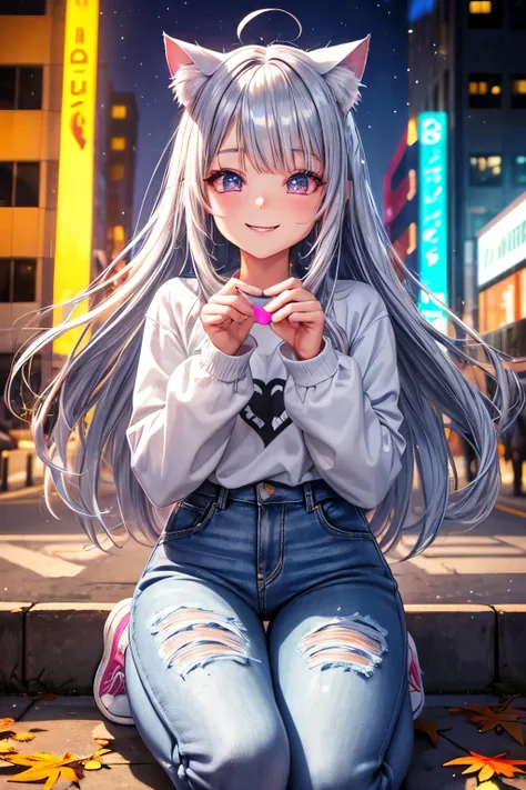 High Resolution, Perfect Human Structure, Focus on Background, Neon Color, Silver Hair, Looking Up, Iridescent Hair, Shiny Hair, Cat Ear, Smiling Heart Shaped Eyes, Side Bangs, Shiny Hair, Top Tooth, Wink, Gradient Eyes, White Trainers, Autumn, Long Sleeve...