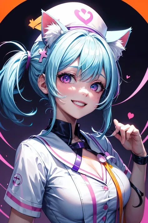 High resolution, perfect human structure, focus on background, neon colors, Halloween, white nurses uniform, nurse cap, looking up, iridescent hair, glossy hair, cat ears, smiling heart shaped eyes, side bangs, glossy hair, upper teeth, gradient eyes, smil...