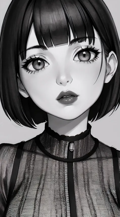 1girl, solo, monochrome, greyscale, bob cut, short hair, portrait, closed mouth, bangs, looking at viewer, blunt bangs, sketch, graphite (medium), lips, hatching (texture), red lips